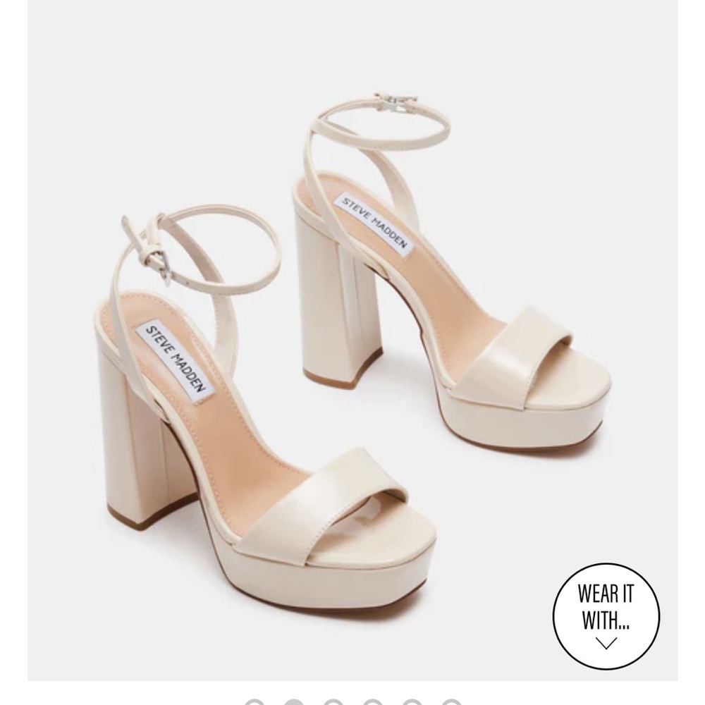 STEVE MADDEN LESSA PLATFORM PATENT HEELS IN BONE